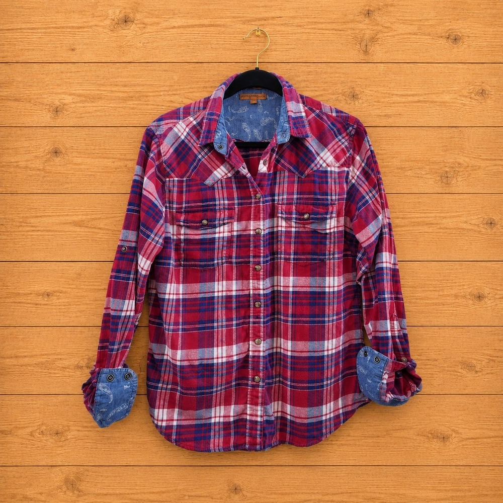 Western Plaid Flannel Shirt Womens Medium Jachs Girlfriend Pearl Snap Y2K